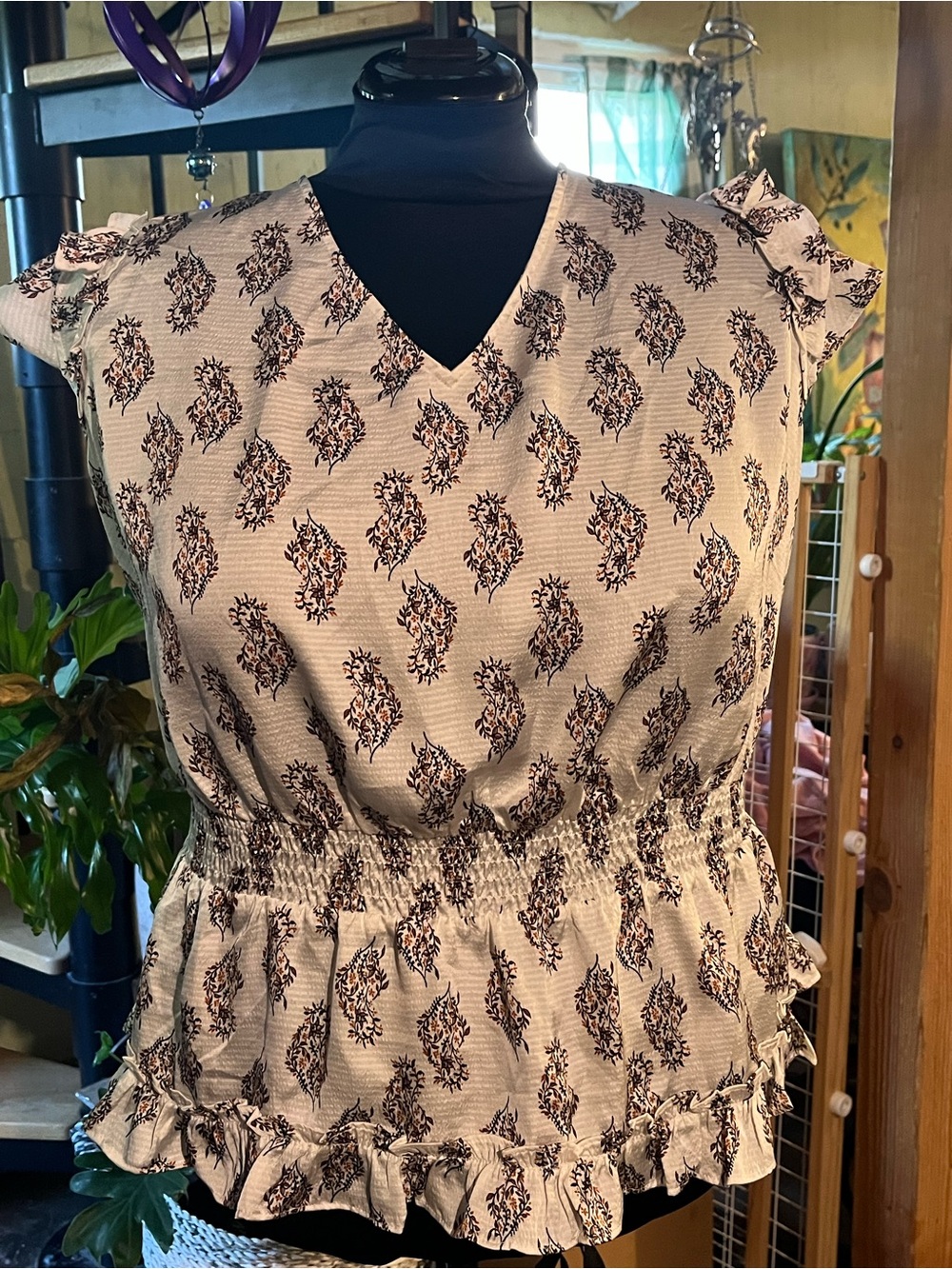 Cream Printed Ruffle-Hem Tunic with Tie-Back